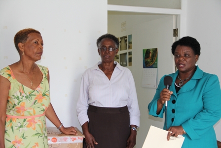 (L-R) Member of the Board of Directors of the St. Georges and St. Johns Senior Citizens Home Ms. Sheila Evelyn, Nurse Manager at the Flamboyant Nursing Home Ms. Ena Sutton and Director of the Development Projects Foundation Incorporated Mrs. Myrthlyn Parry at the handing over ceremony of gifts from Nevisian resident in the United States of America Mrs. Marylyn Walters-Drew